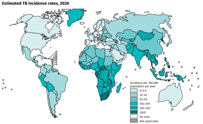 Taux d'incidence estimés de tuberculose pour 100 000, OMS, 2020